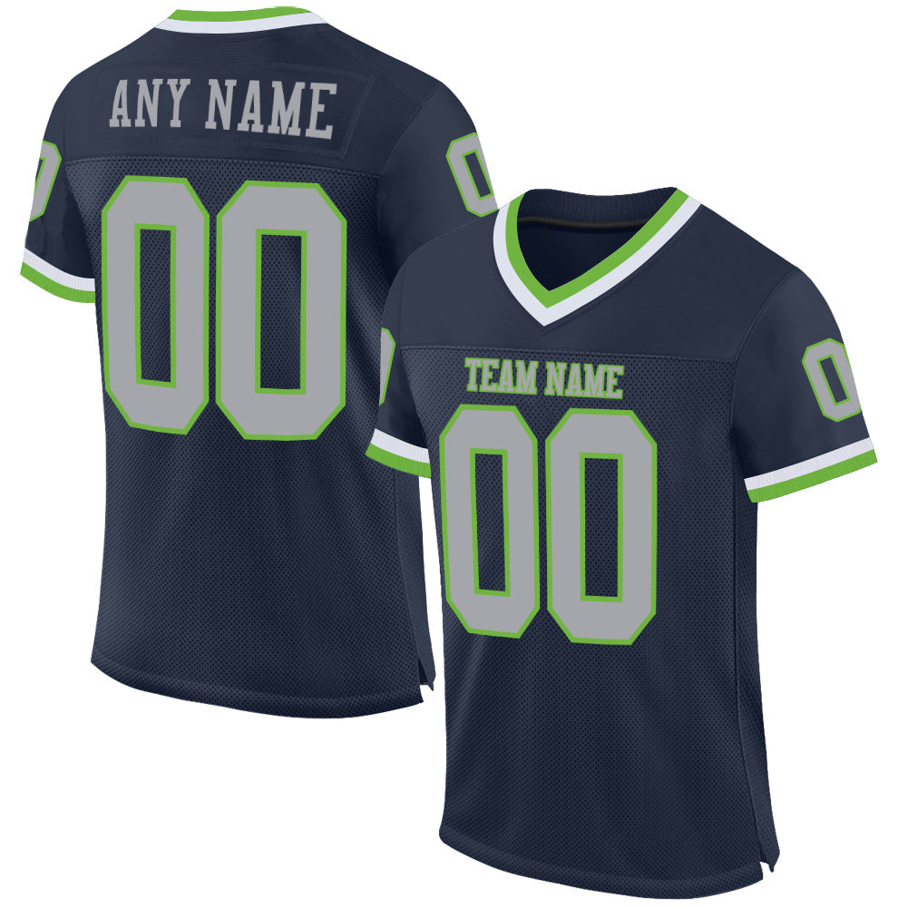 Custom Navy Gray-Neon Green Mesh Authentic Throwback Football Jersey - Main View