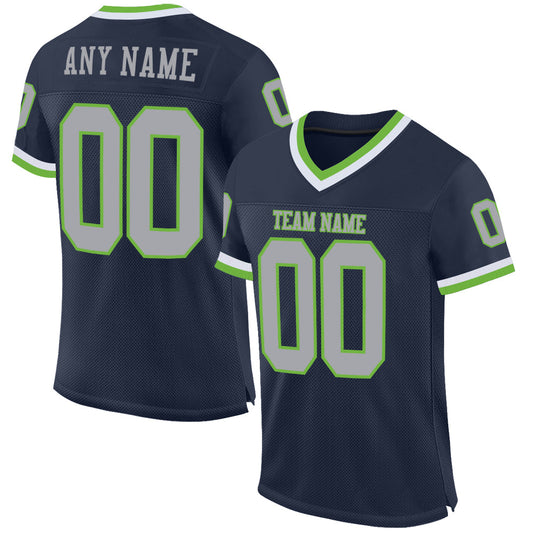Custom Navy Gray-Neon Green Mesh Authentic Throwback Football Jersey - Main View