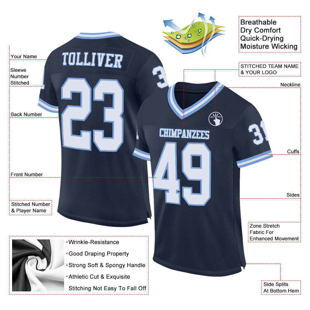 Custom Navy White-Light Blue Mesh Authentic Throwback Football Jersey view 2