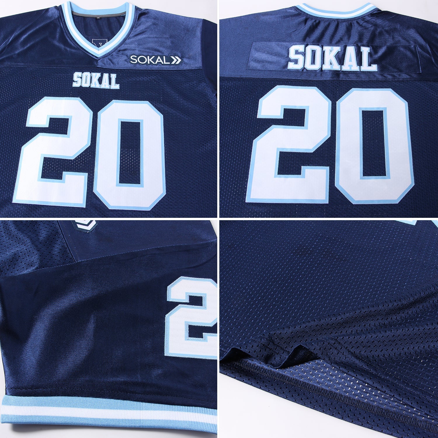 Custom Navy White-Light Blue Mesh Authentic Throwback Football Jersey view 5