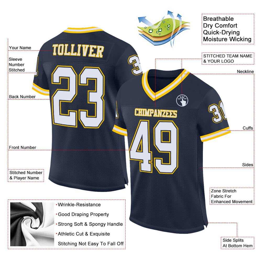 Custom Navy White-Gold Mesh Authentic Throwback Football Jersey view 2