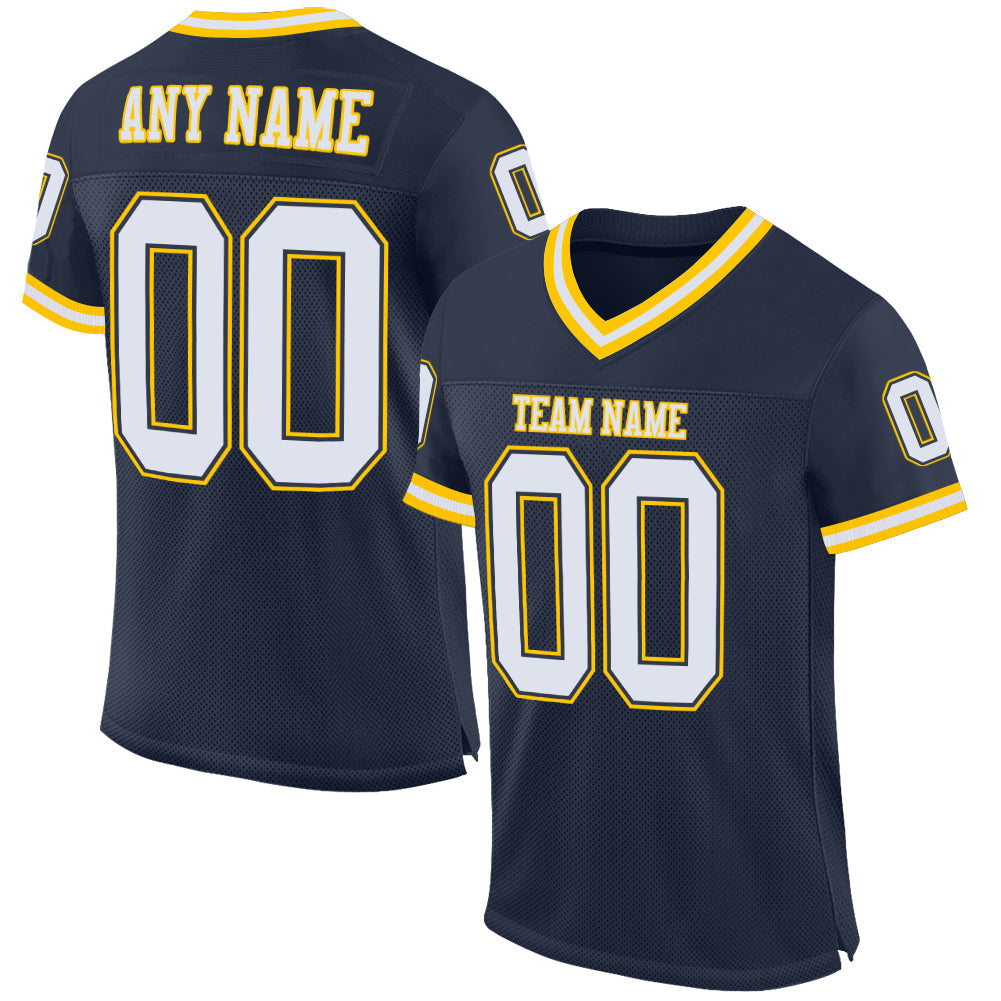 Custom Navy White-Gold Mesh Authentic Throwback Football Jersey - Main View