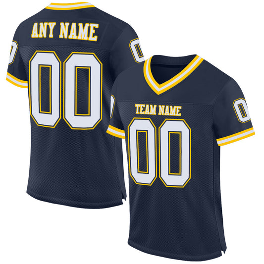 Custom Navy White-Gold Mesh Authentic Throwback Football Jersey - Main View