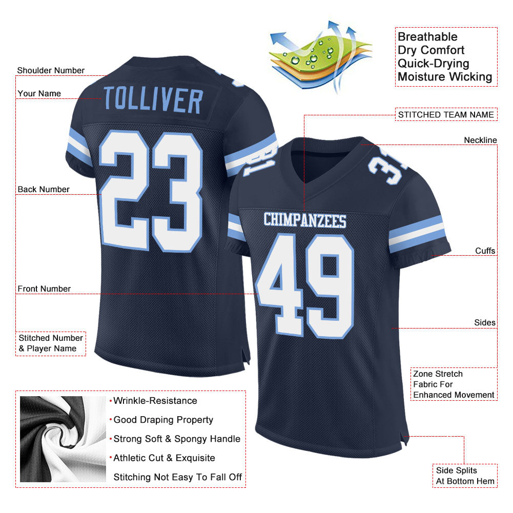 Custom Navy White-Light Blue Mesh Authentic Football Jersey view 2