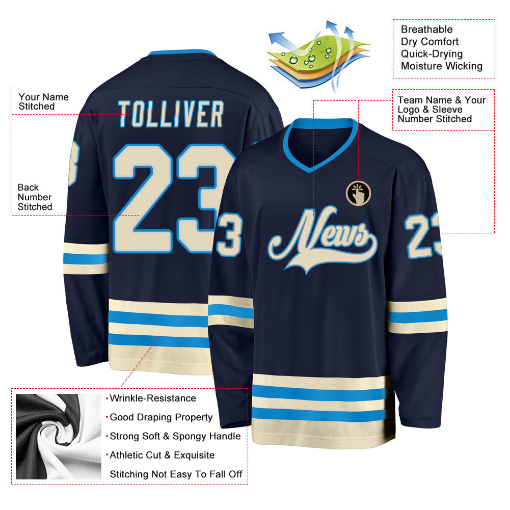 Custom Navy Cream-Blue Hockey Jersey view 2