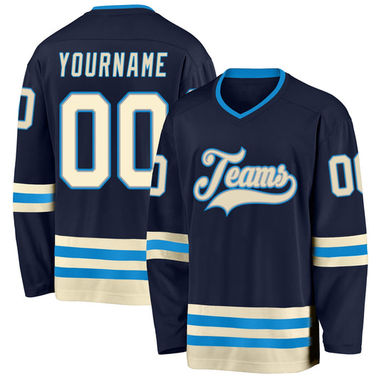 Custom Navy Cream-Blue Hockey Jersey - Main View