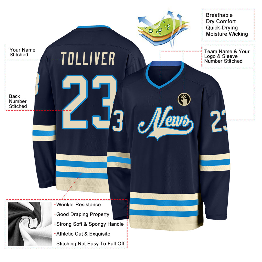 Custom Navy Cream-Blue Hockey Jersey view 2