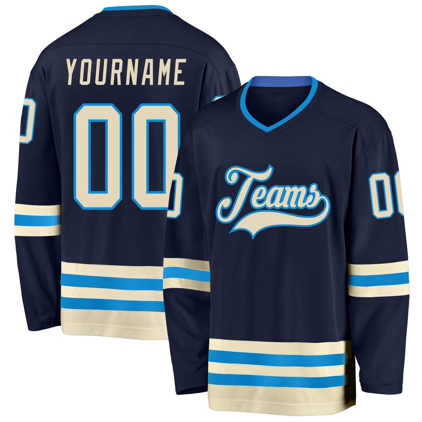 Custom Navy Cream-Blue Hockey Jersey - Main View