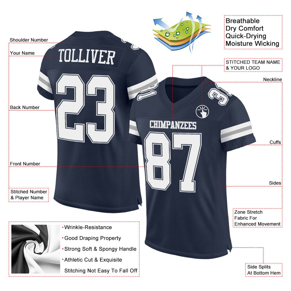 Custom Navy White-Gray Mesh Authentic Football Jersey view 2