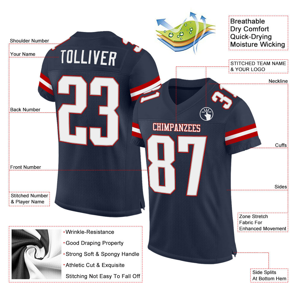 Custom Navy White-Red Mesh Authentic Football Jersey view 2