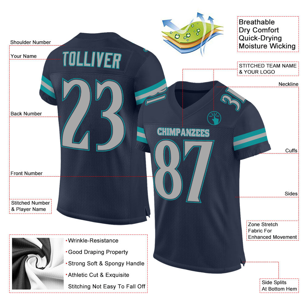 Custom Navy Gray-Aqua Mesh Authentic Football Jersey view 2