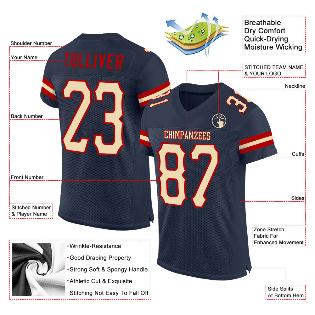 Custom Navy Cream-Red Mesh Authentic Football Jersey view 2