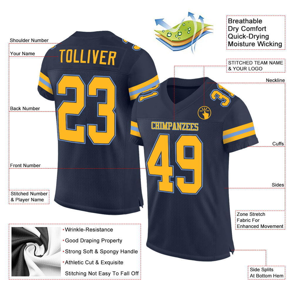 Custom Navy Gold-Light Blue Mesh Authentic Football Jersey view 2