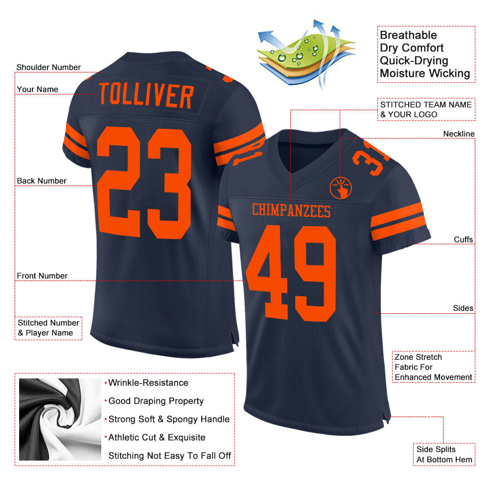 Custom Navy Orange Mesh Authentic Football Jersey view 2