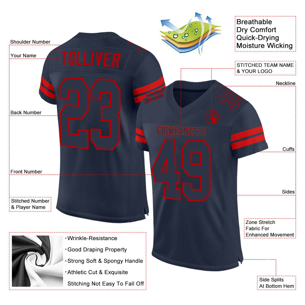 Custom Navy Navy-Red Mesh Authentic Football Jersey view 2