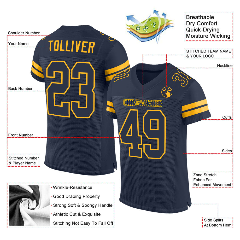 Custom Navy Navy-Gold Mesh Authentic Football Jersey view 2