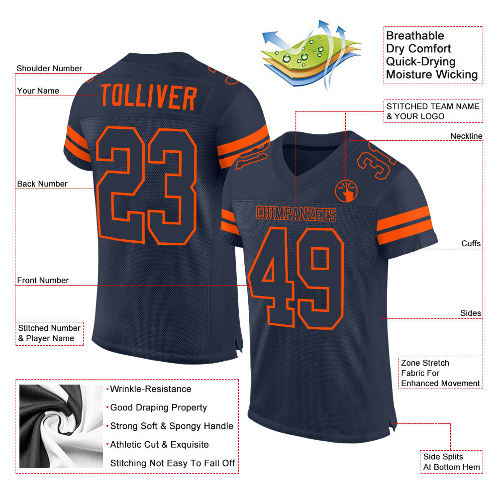 Custom Navy Navy-Orange Mesh Authentic Football Jersey view 2