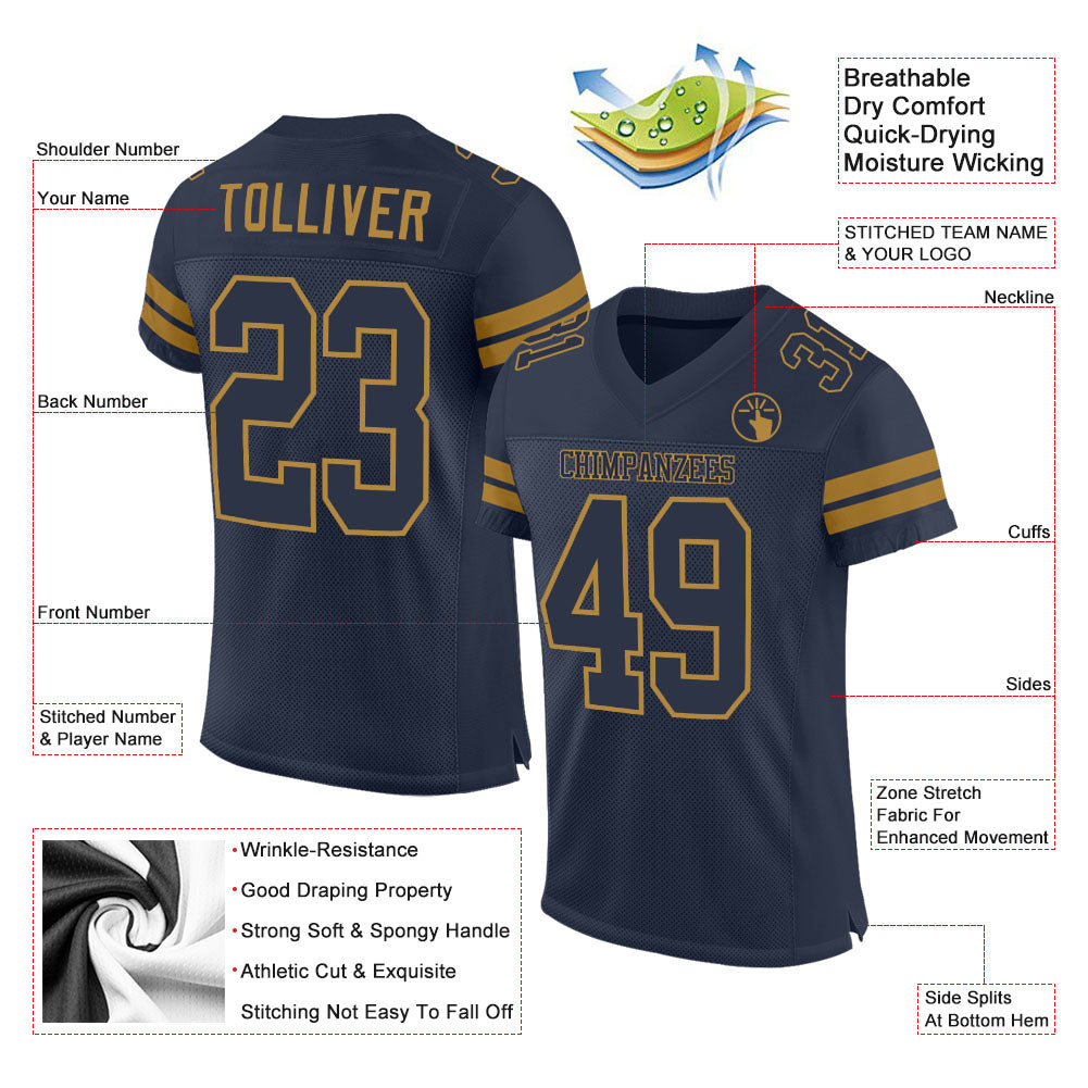 Custom Navy Navy-Old Gold Mesh Authentic Football Jersey view 2