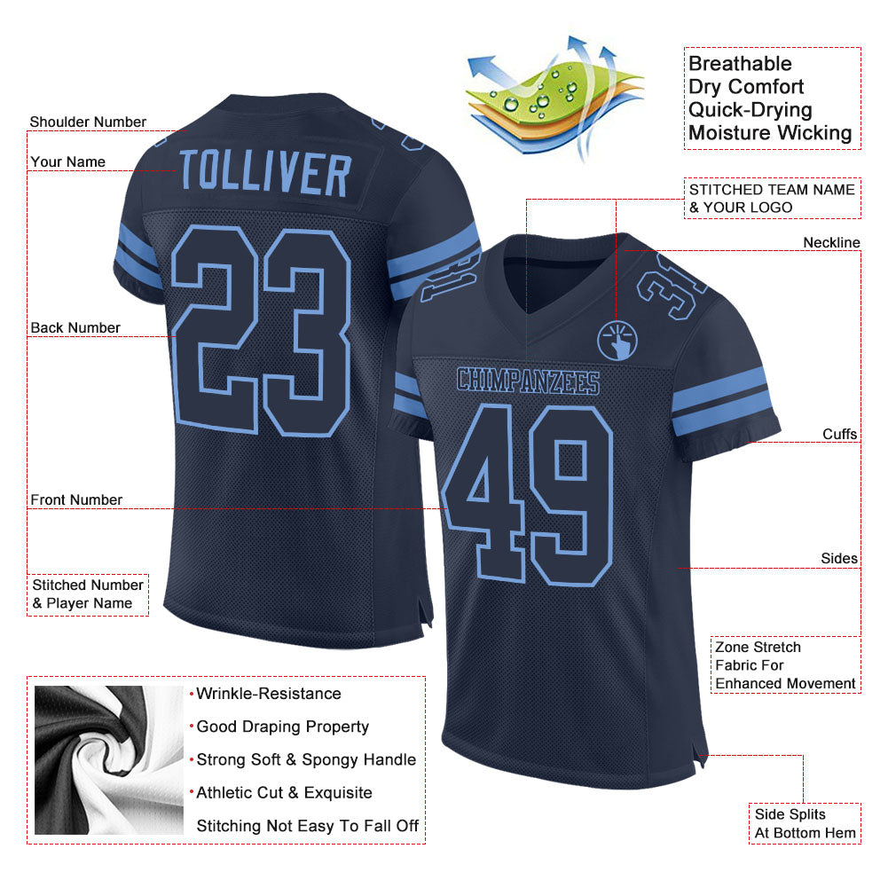 Custom Navy Navy-Light Blue Mesh Authentic Football Jersey view 2