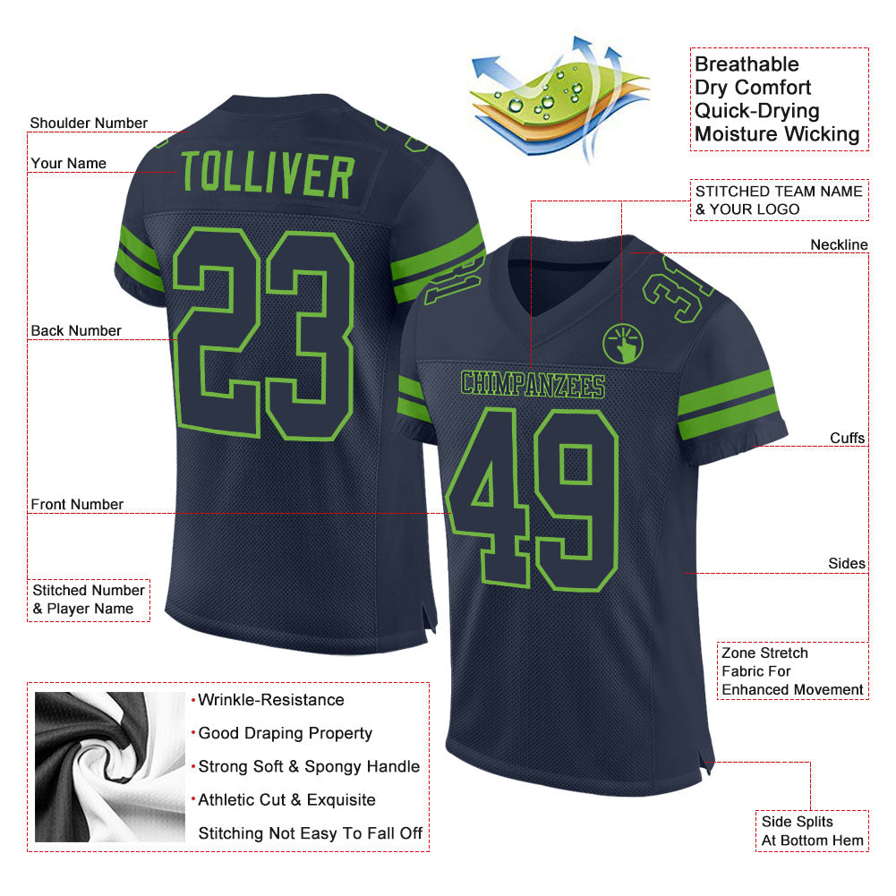 Custom Navy Navy-Neon Green Mesh Authentic Football Jersey view 2