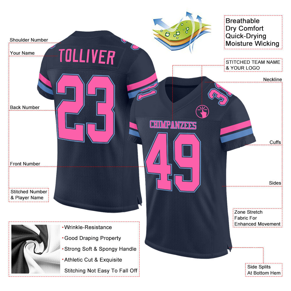 Custom Navy Pink-Light Blue Mesh Authentic Football Jersey view 2