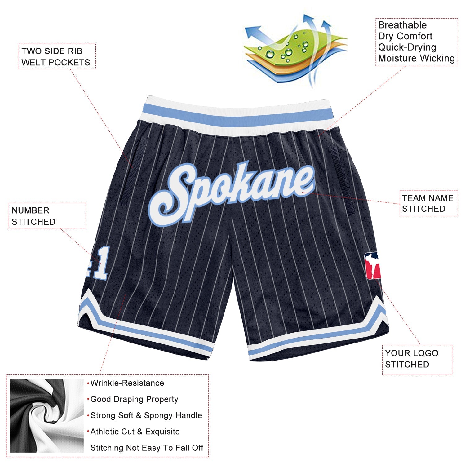 Custom Navy White Pinstripe White-Light Blue Authentic Basketball Shorts view 2