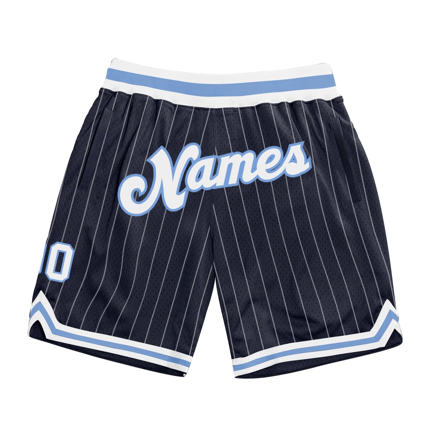 Custom Navy White Pinstripe White-Light Blue Authentic Basketball Shorts - Main View