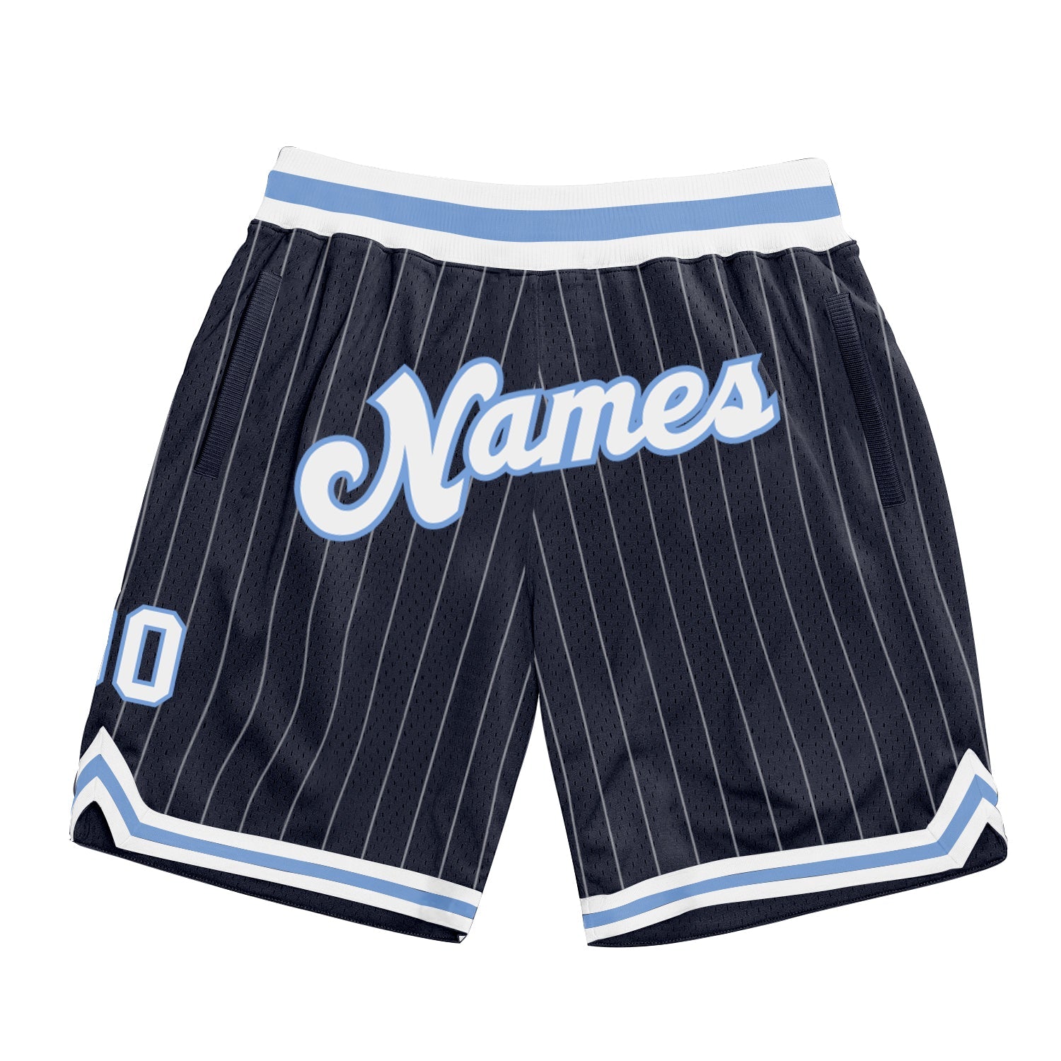 Custom Navy White Pinstripe White-Light Blue Authentic Basketball Shorts - Main View