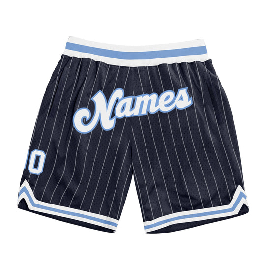 Custom Navy White Pinstripe White-Light Blue Authentic Basketball Shorts - Main View