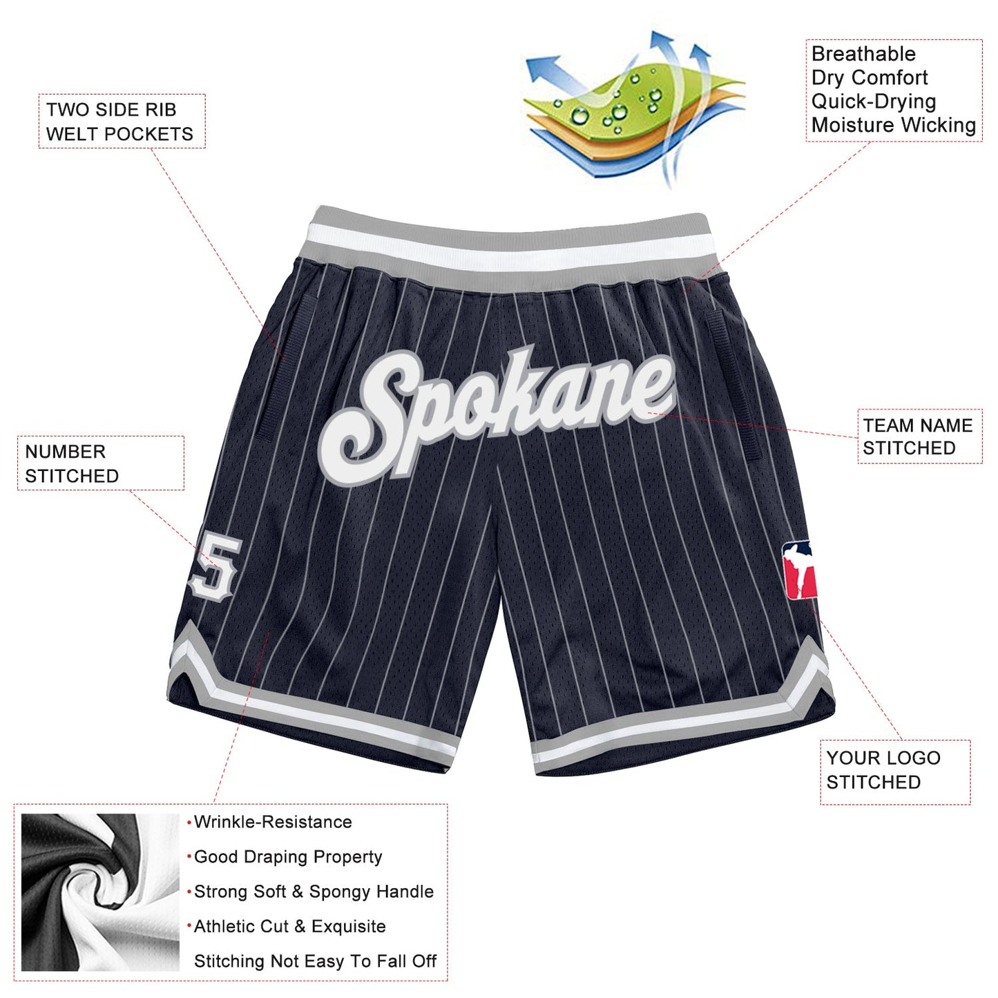 Custom Navy White Pinstripe White-Gray Authentic Basketball Shorts view 2