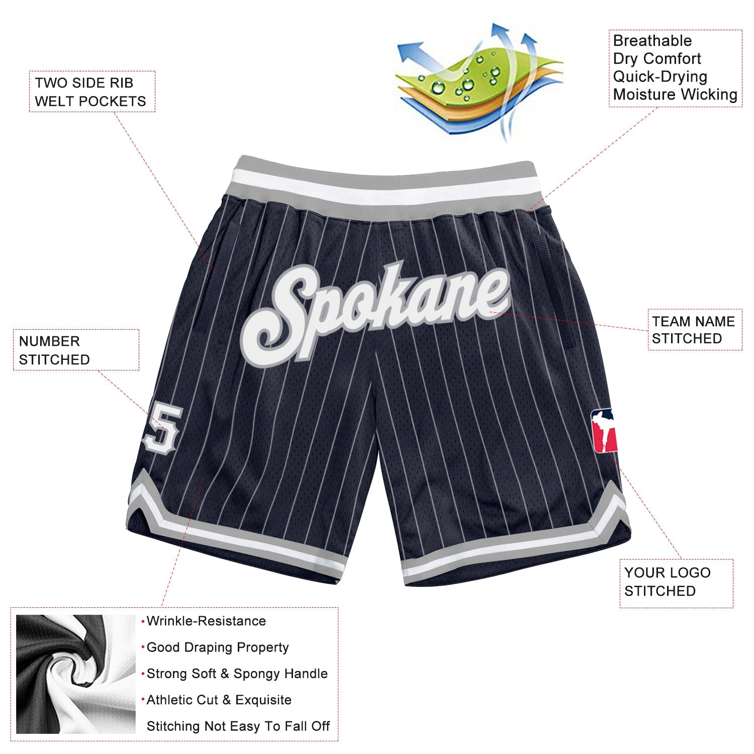 Custom Navy White Pinstripe White-Gray Authentic Basketball Shorts view 2