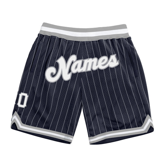 Custom Navy White Pinstripe White-Gray Authentic Basketball Shorts - Main View