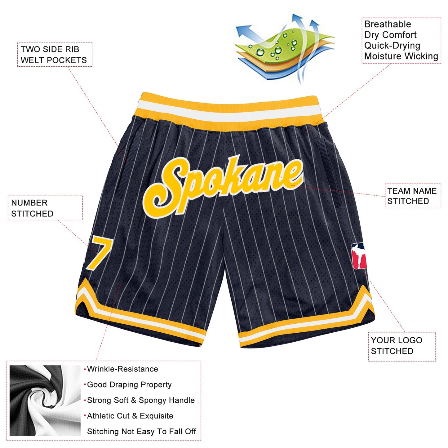 Custom Navy White Pinstripe Gold-White Authentic Basketball Shorts view 2