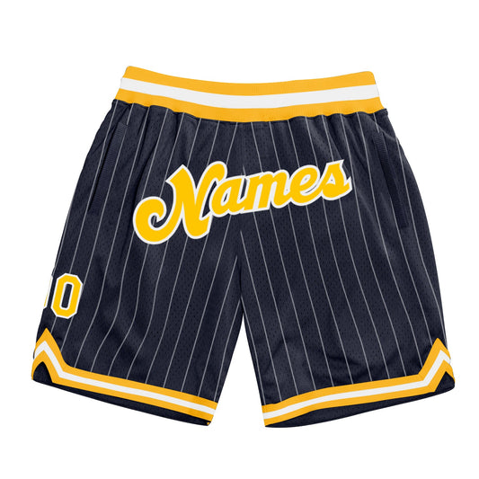 Custom Navy White Pinstripe Gold-White Authentic Basketball Shorts - Main View