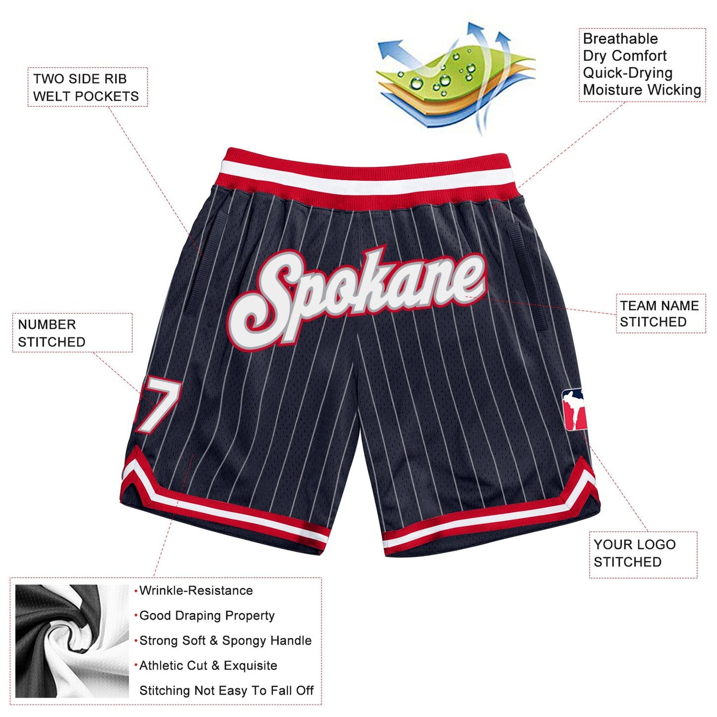 Custom Navy White Pinstripe White-Red Authentic Basketball Shorts view 2