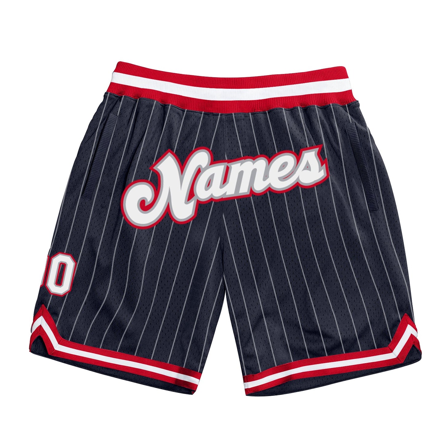 Custom Navy White Pinstripe White-Red Authentic Basketball Shorts - Main View