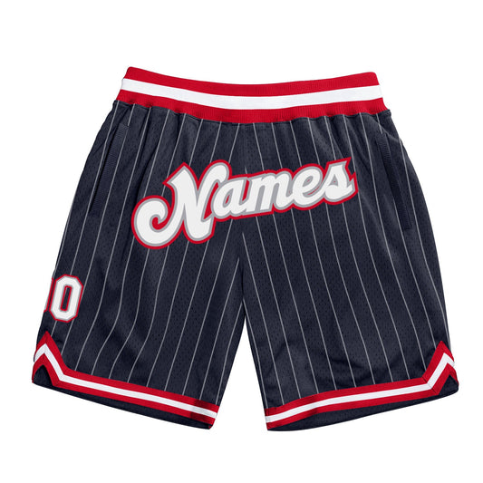 Custom Navy White Pinstripe White-Red Authentic Basketball Shorts - Main View