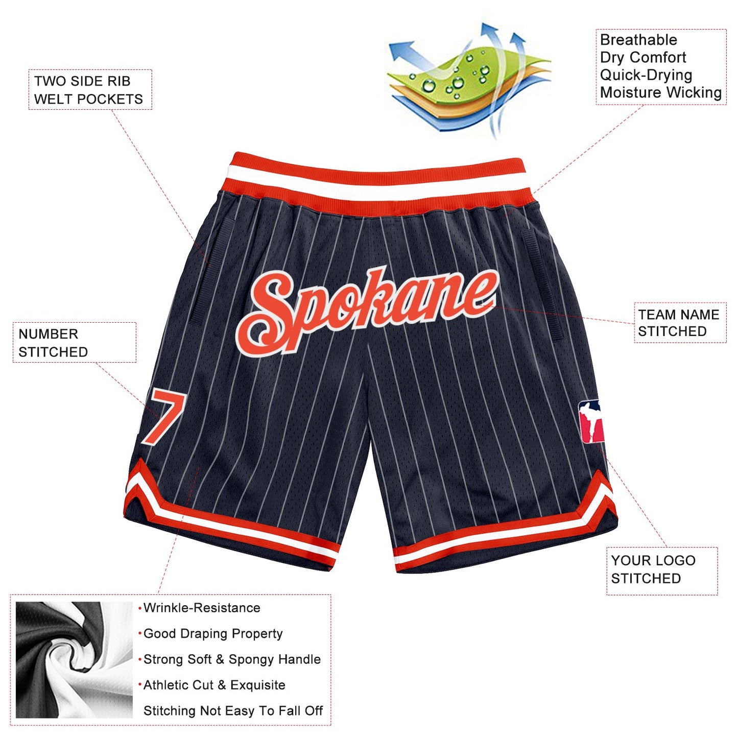 Custom Navy White Pinstripe Orange-White Authentic Basketball Shorts view 2