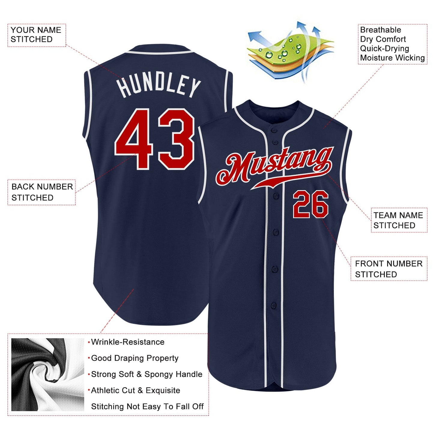 Custom Navy Red-White Authentic Sleeveless Baseball Jersey view 2