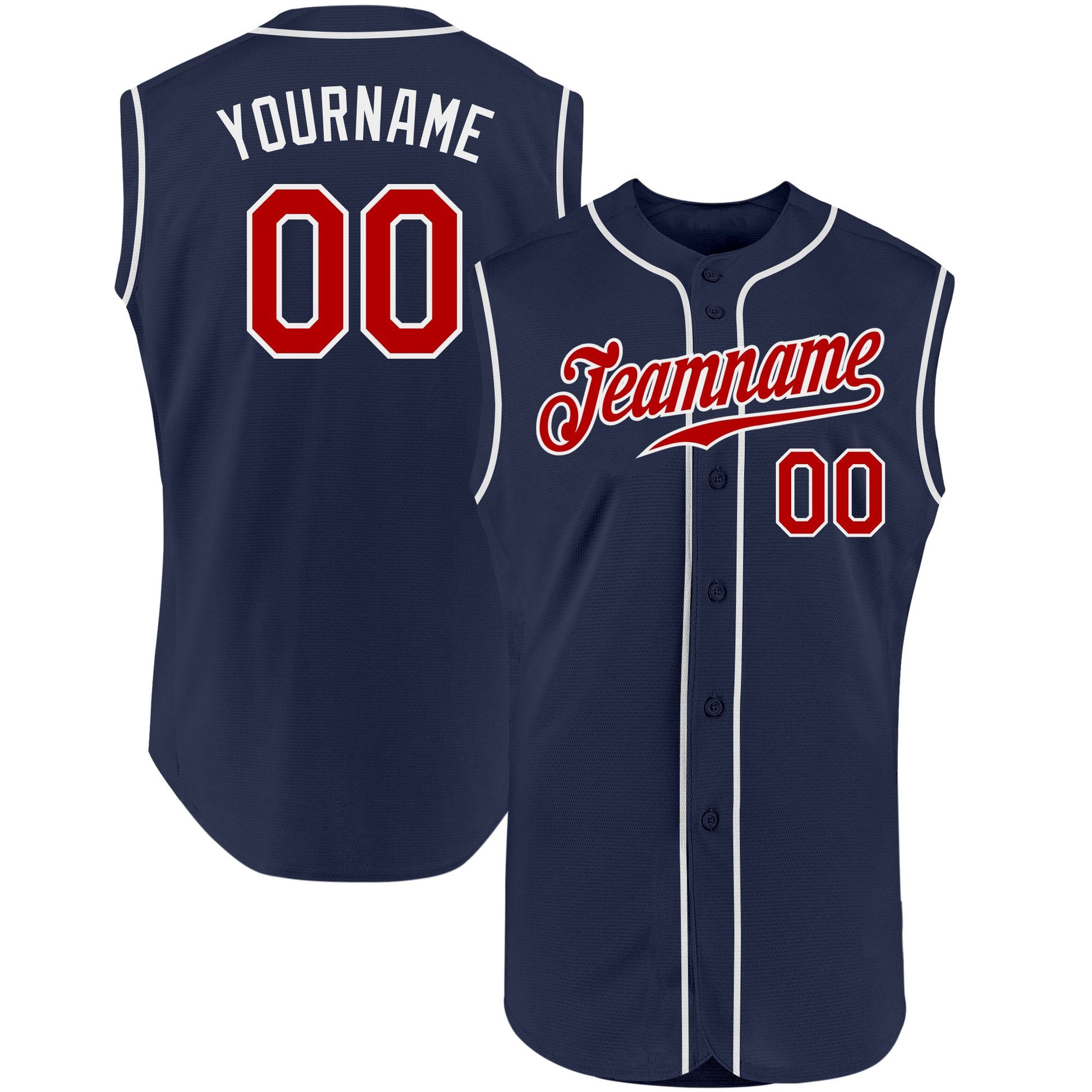 Custom Navy Red-White Authentic Sleeveless Baseball Jersey - Main View