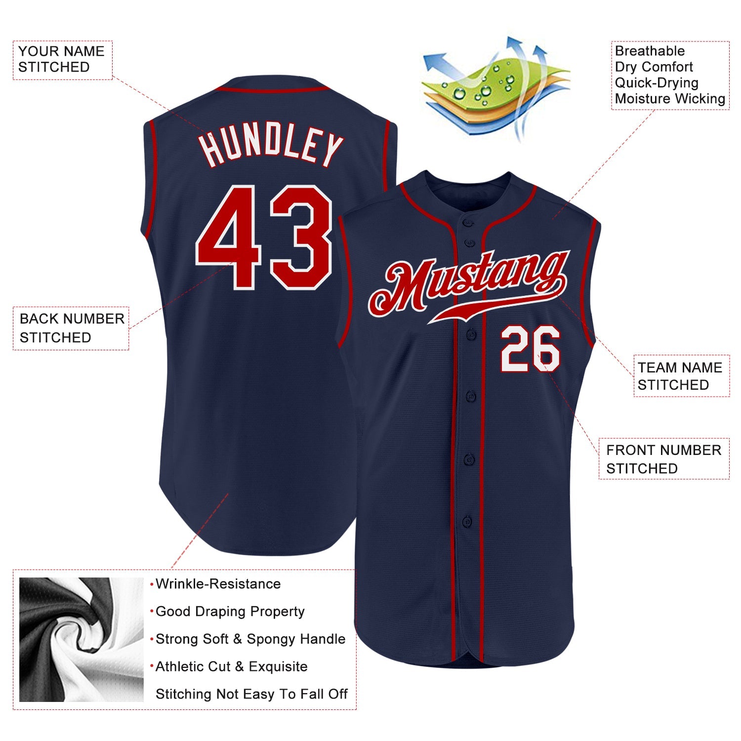 Custom Navy Red-White Authentic Sleeveless Baseball Jersey view 2