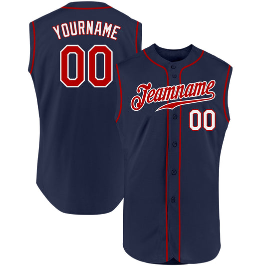 Custom Navy Red-White Authentic Sleeveless Baseball Jersey - Main View