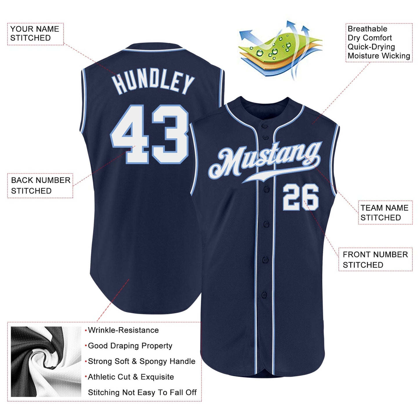 Custom Navy White-Light Blue Authentic Sleeveless Baseball Jersey view 2