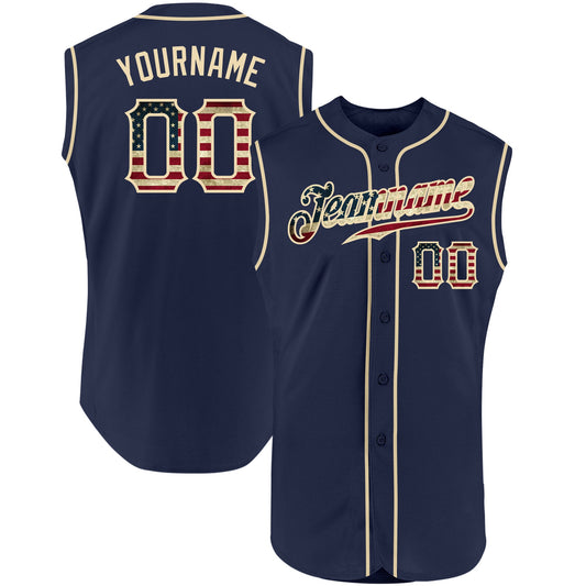 Custom Navy Vintage USA Flag-Cream Authentic Sleeveless Baseball Jersey - Main View