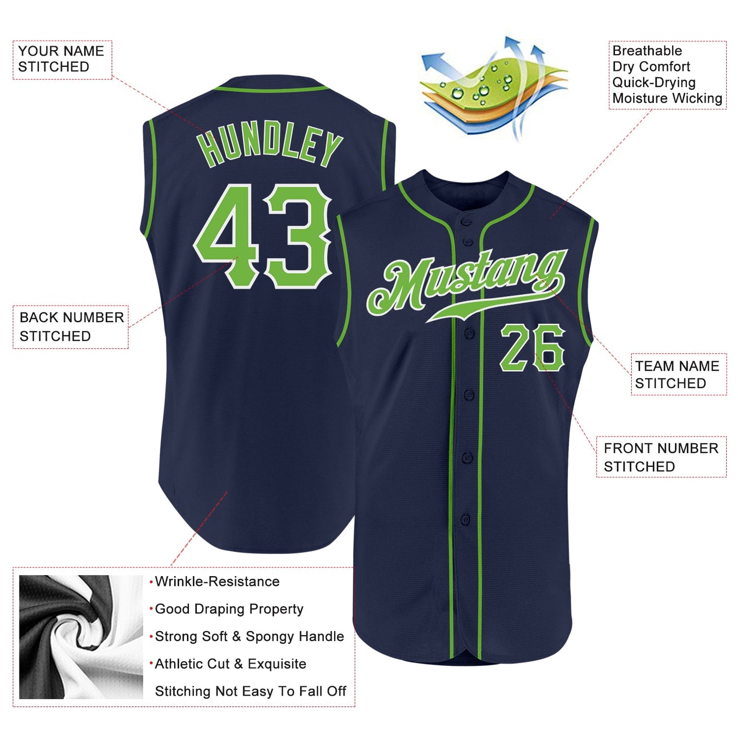 Custom Navy Neon Green-White Authentic Sleeveless Baseball Jersey view 2