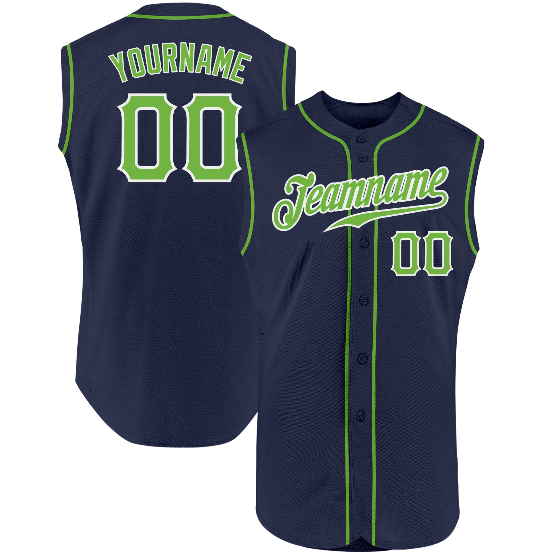 Custom Navy Neon Green-White Authentic Sleeveless Baseball Jersey - Main View