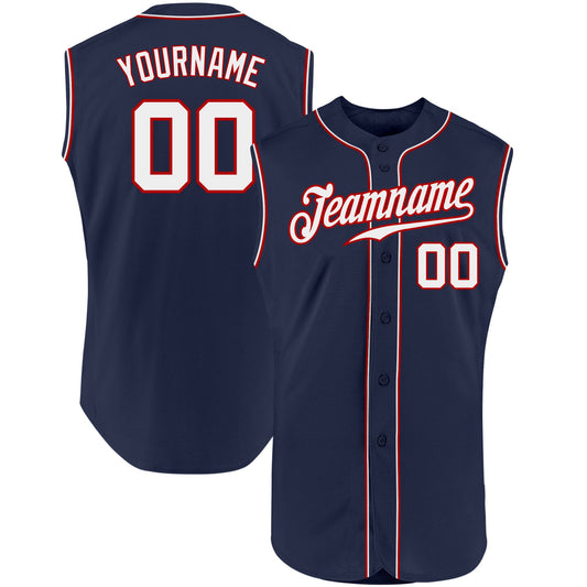 Custom Navy White-Red Authentic Sleeveless Baseball Jersey - Main View