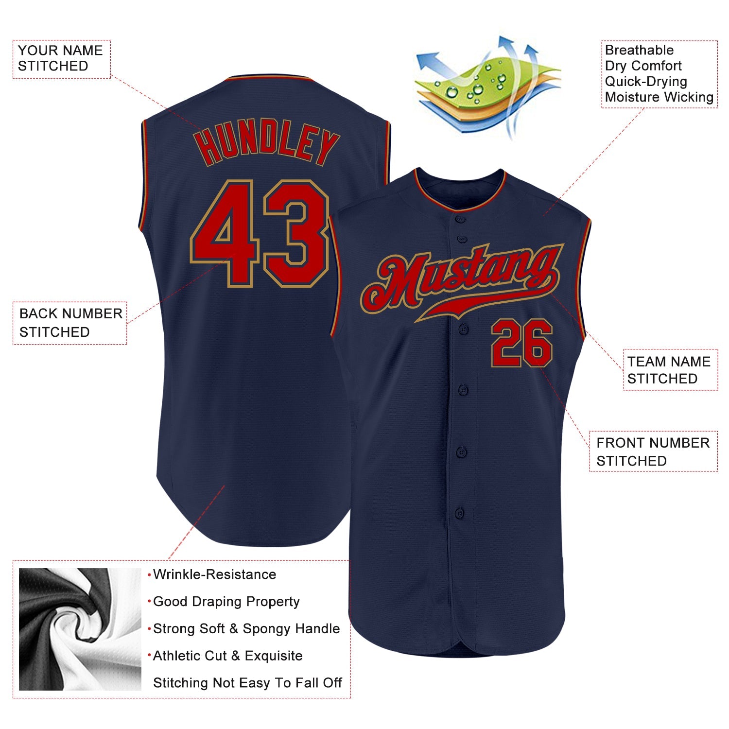 Custom Navy Red-Old Gold Authentic Sleeveless Baseball Jersey view 2