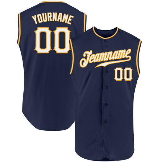 Custom Navy White-Gold Authentic Sleeveless Baseball Jersey - Main View