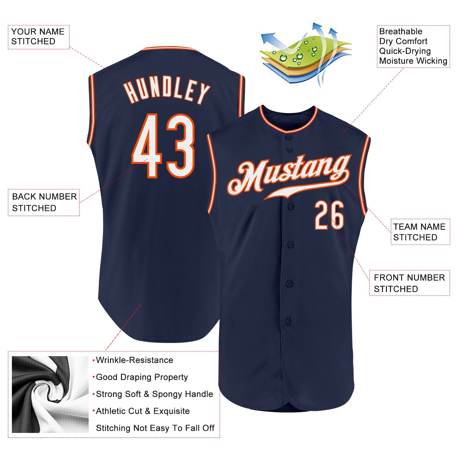 Custom Navy White-Orange Authentic Sleeveless Baseball Jersey view 2